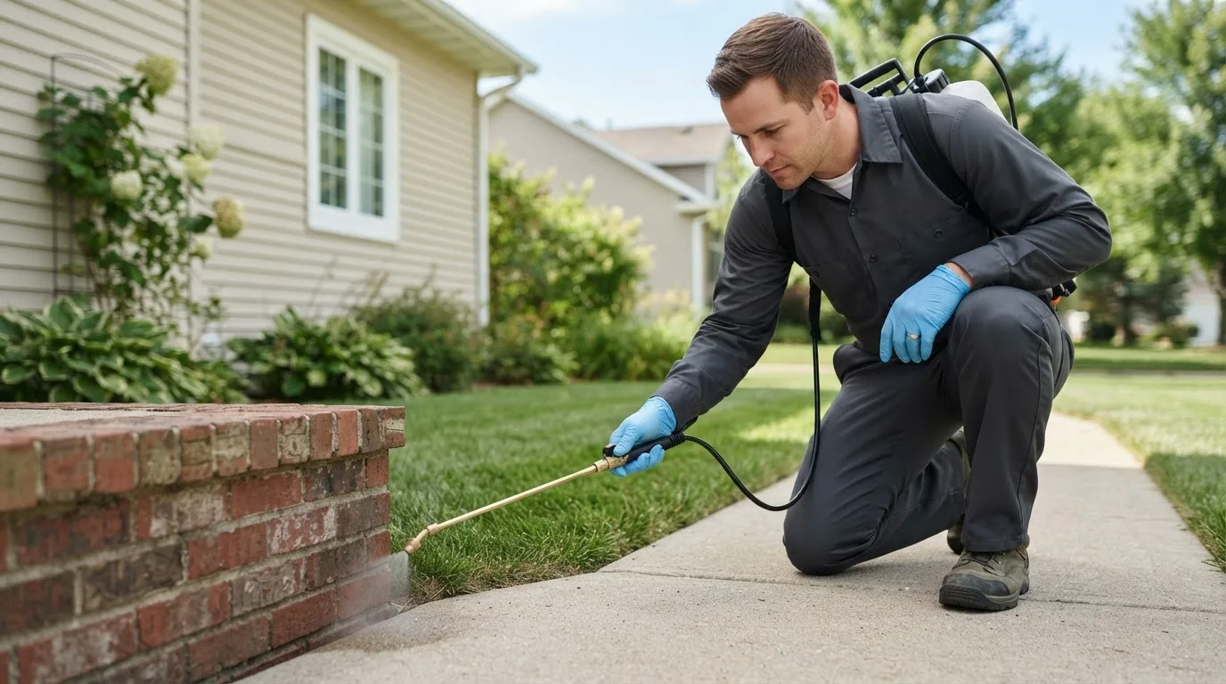 Pest control technician treating a home near Clear Lake, WI