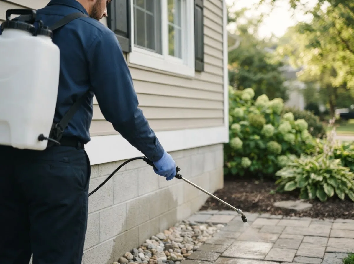 Pest control technician inspecting a home in Clear Lake, WI